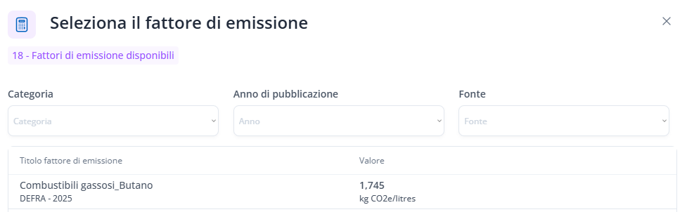 Selezione fattore di emissione - Software Xcarbon